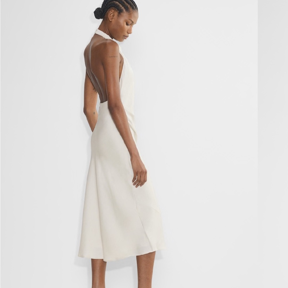 Babaton Satin Dress Cream Sheath Midi Dress Halter Neckline
